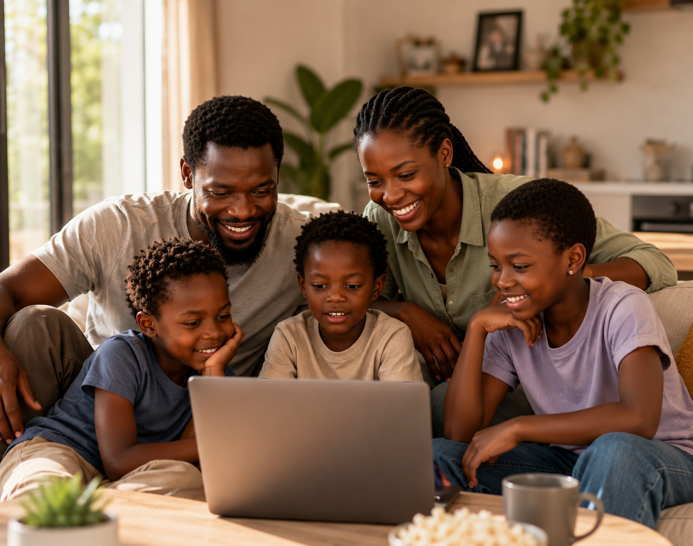 Family around a laptop